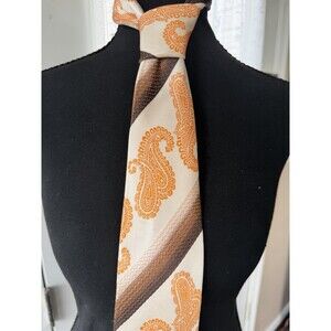 Karl Knox Bold Designer Necktie Orange Paisley Geometric Brown Cream Microfiber